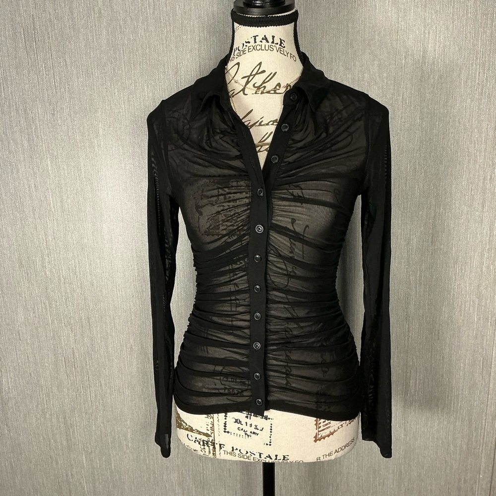 Express Sheer Black Ruched Button-Front Women's Top Size XS - Picture 12 of 12